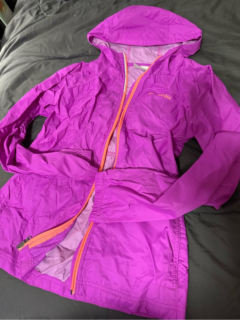 Columbia Girls' Magenta Hooded Rain Jacket with Orange Trim